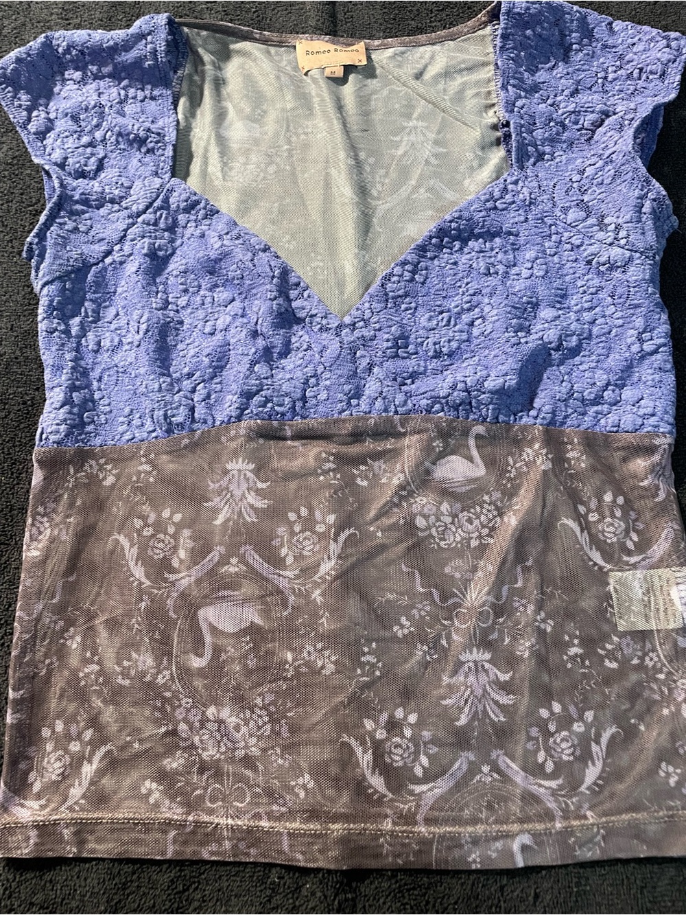 Romeo & Juliet Couture Lavender Lace and Gray Mesh Chemise Top